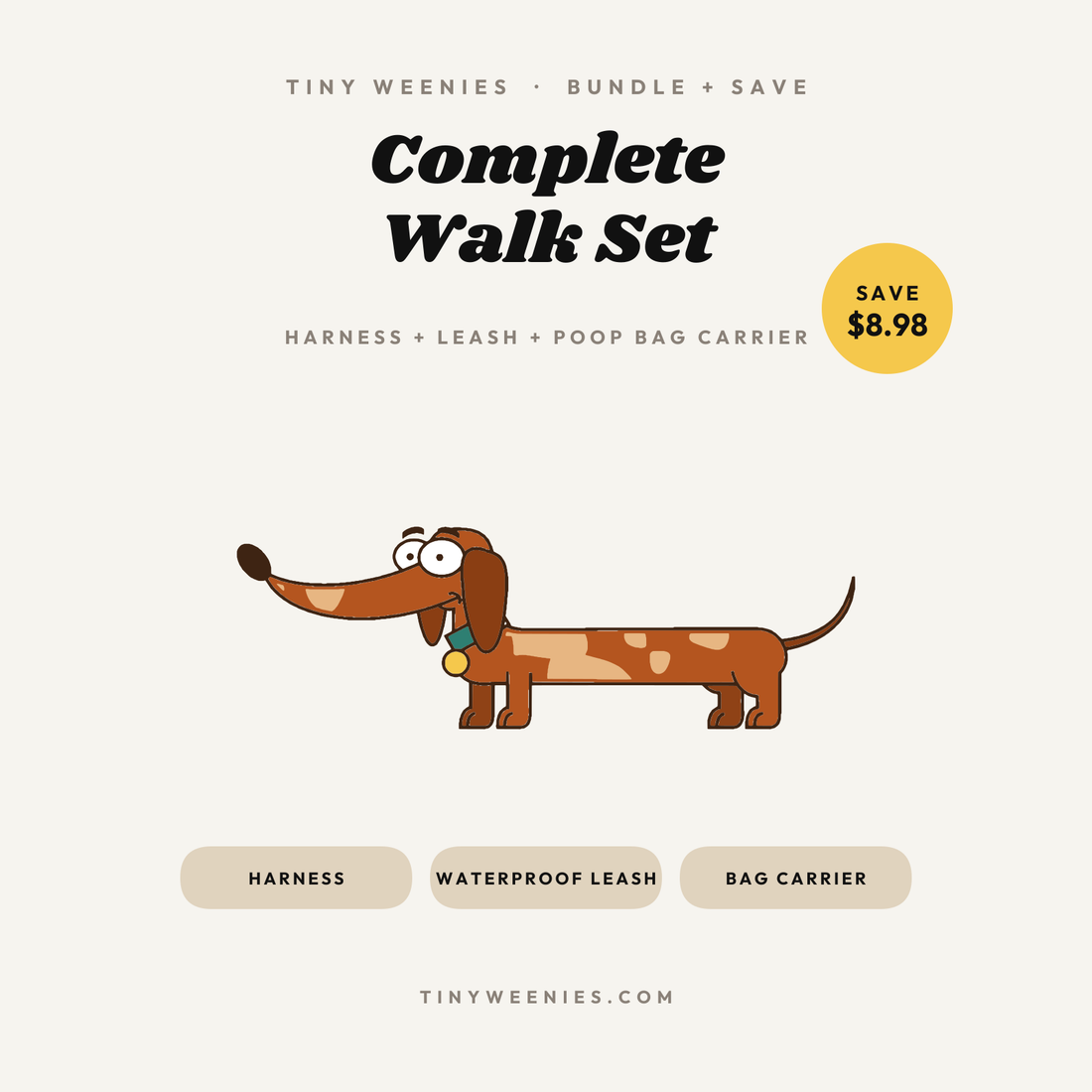 Complete dachshund walk set — harness, leash, and poop bag carrier