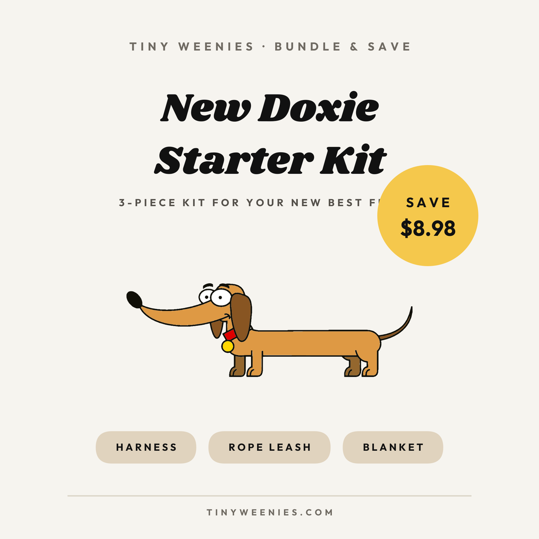 New doxie starter kit — harness, leash, and blanket for dachshund puppies