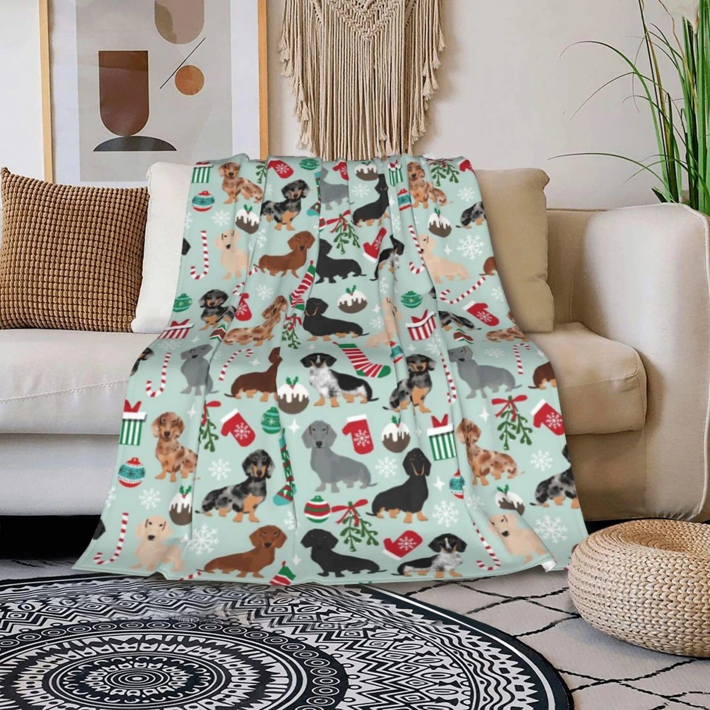 Cartoon dachshund flannel blanket, print design variation