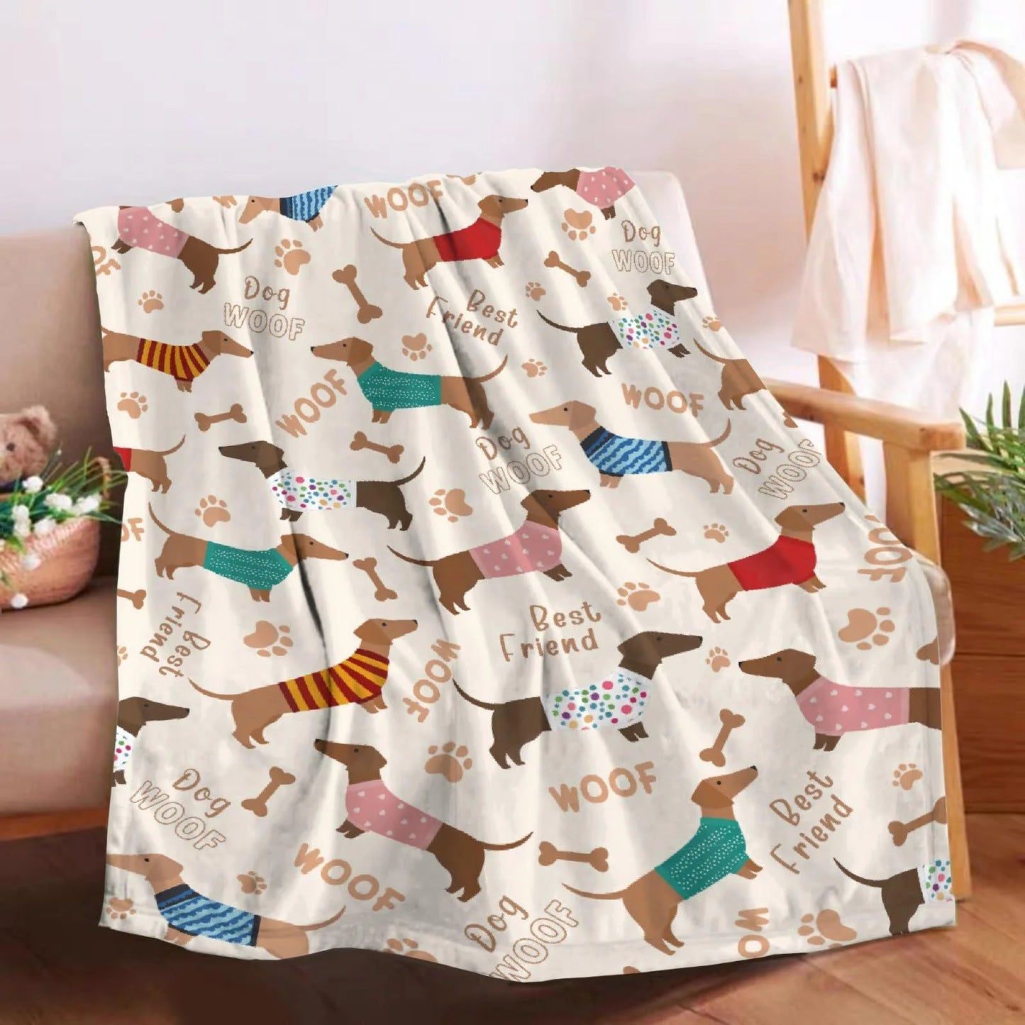 Dachshund flannel blanket design variation front view