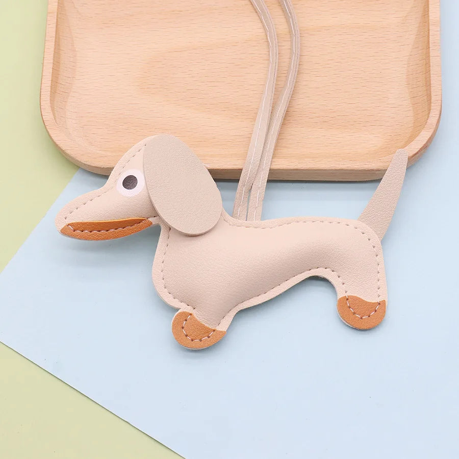 Dachshund Keychain — PU leather bag charm, Beige