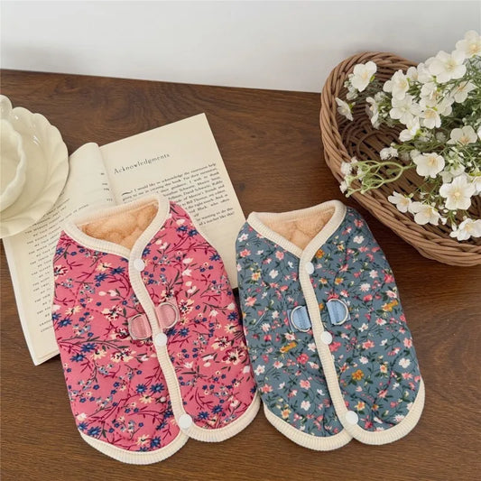 Dachshund floral winter vest — padded coat, front view