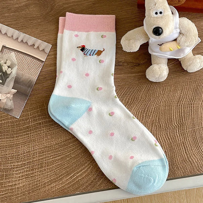 Dachshund Crew Socks — 1 pair, pink and blue dot design