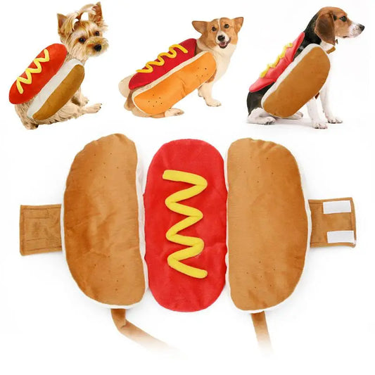 Small dog wearing a plush hot dog costume with a mustard stripe down the back
