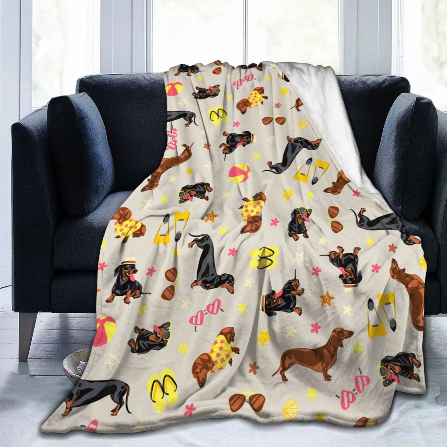 Warm dachshund cartoon flannel blanket, close-up view