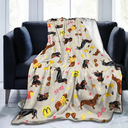 Warm dachshund cartoon flannel blanket, close-up view