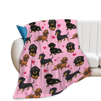 Dachshund flannel blanket styled on a bed with pillows