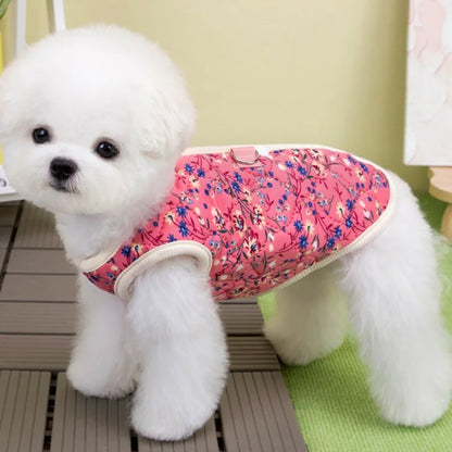 Dachshund floral winter vest — side profile on long-bodied dog