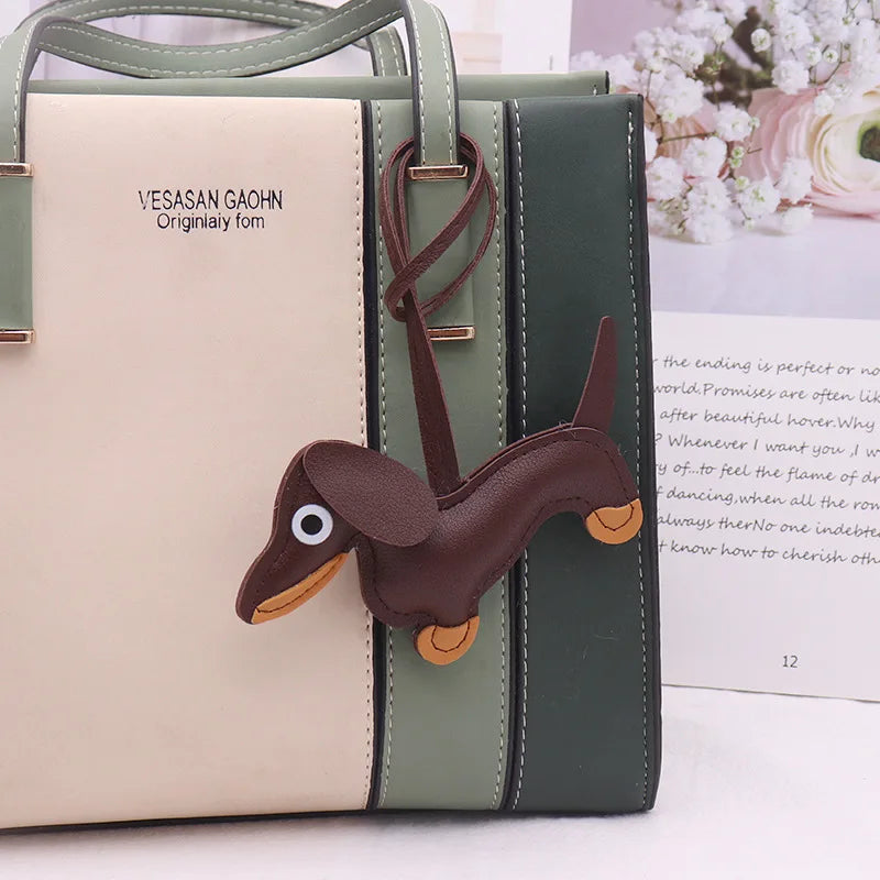 Dachshund Keychain — PU leather bag charm, Brown