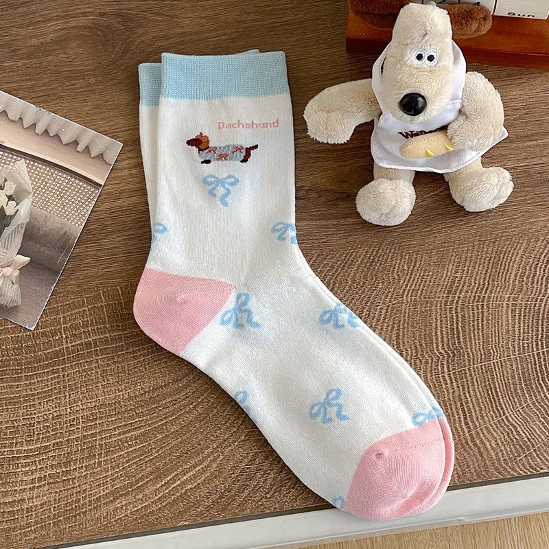 Dachshund Crew Socks — 1 pair, pink and blue bow design