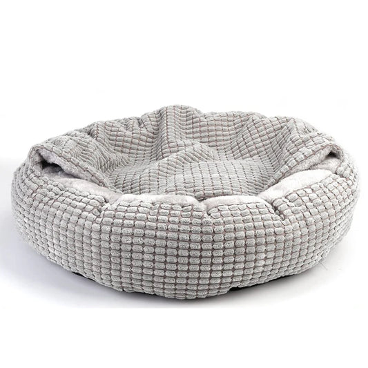 Hooded burrow dog bed with a raised bolster rim