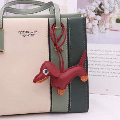 Dachshund Keychain — PU leather bag charm, Wine Red
