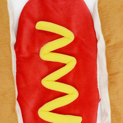 Dachshund dressed in a cotton-lined hot dog costume for cold-weather walks