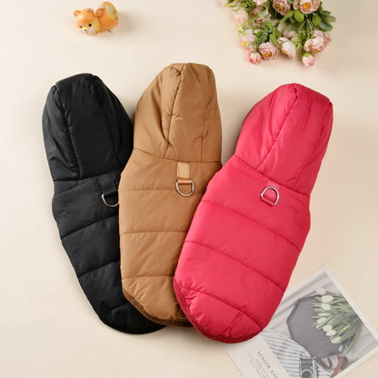 Dachshund winter parka — hooded fleece coat, side profile on long-bodied dog
