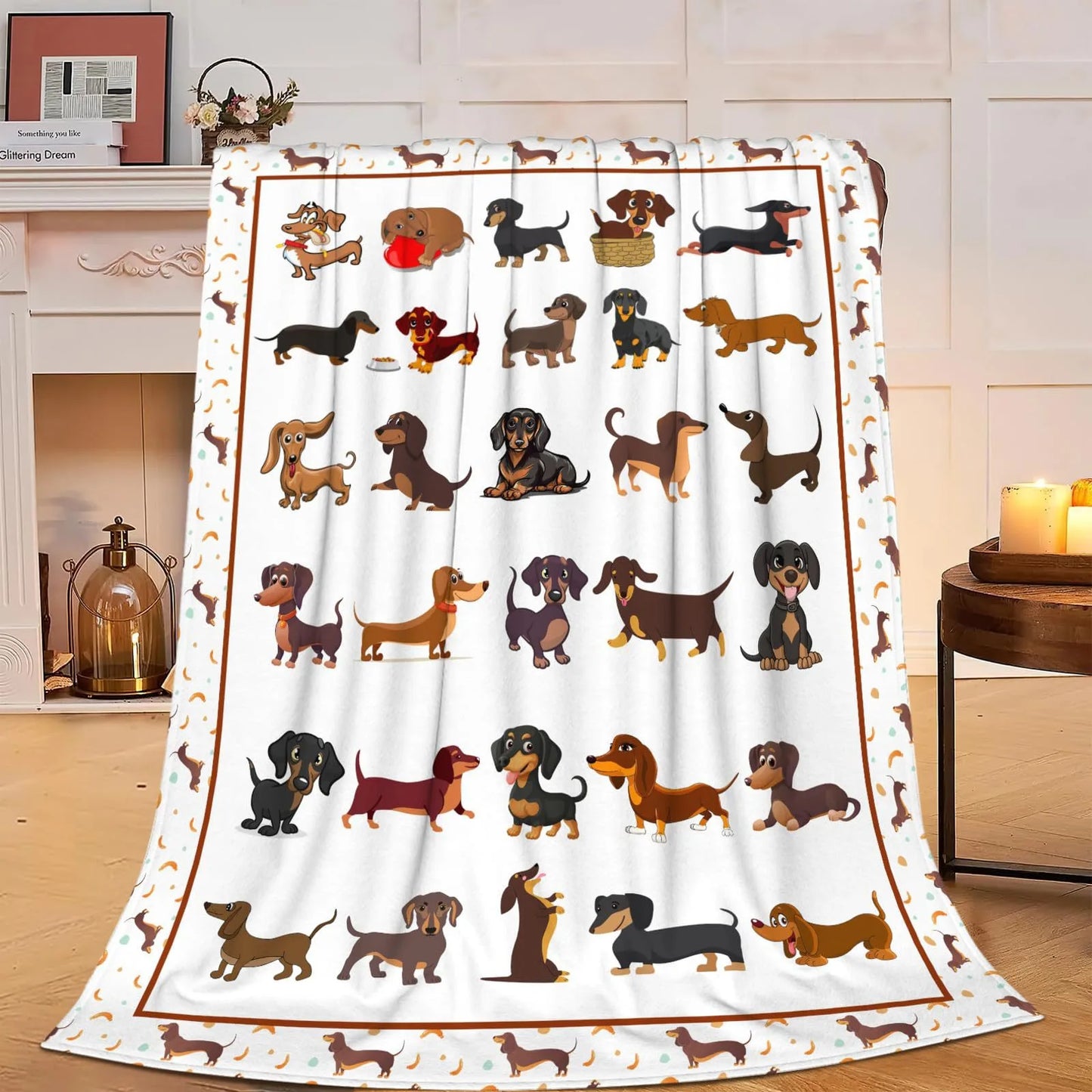 Dachshund throw blanket styled in a dorm room