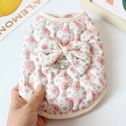 Dachshund floral winter vest — worn outdoors