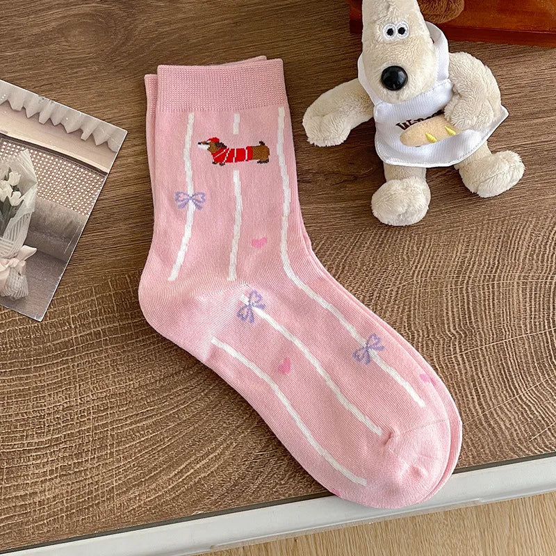 Dachshund Crew Socks — 1 pair, pink bow design
