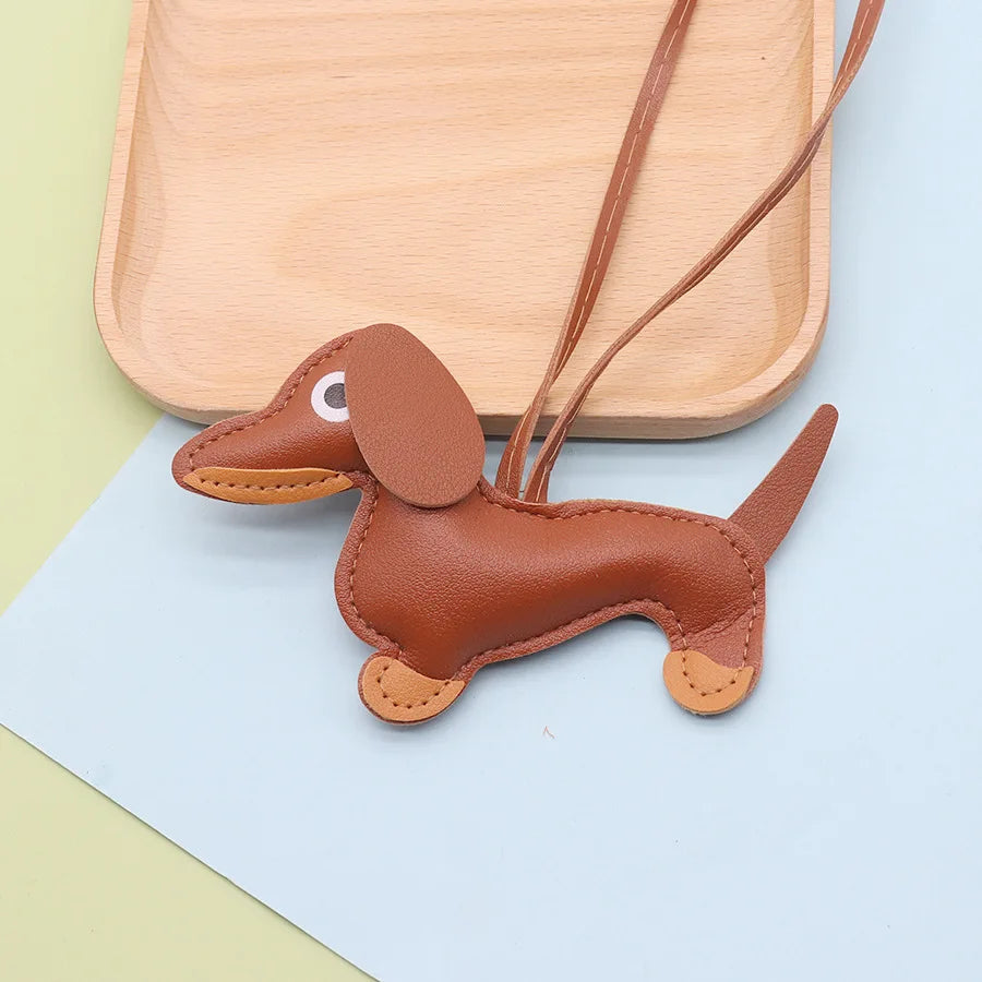 Dachshund Keychain — PU leather bag charm, Coffee