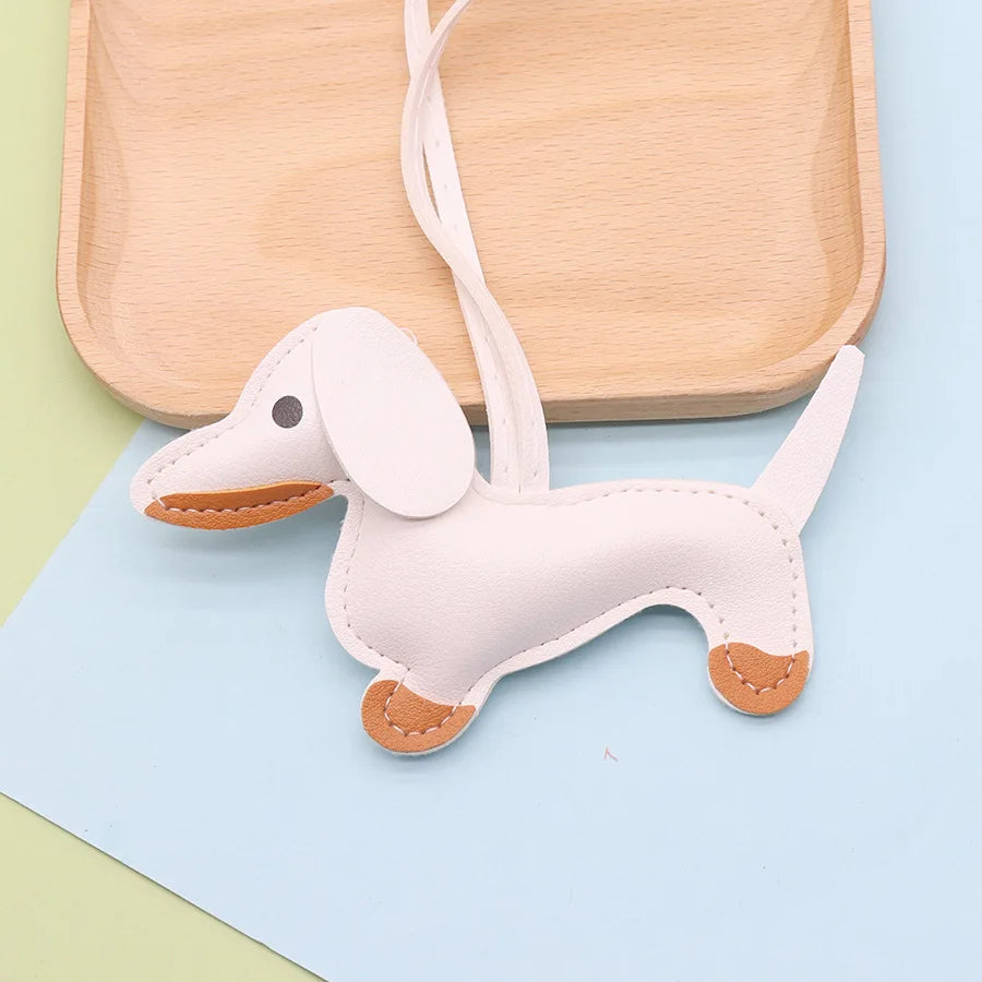 Dachshund Keychain — PU leather bag charm, White
