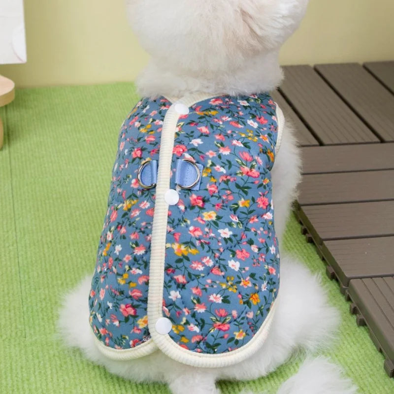 Dachshund floral winter vest — back coverage view